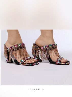 Multicolor Crystal Fringe Block Heel Sandals